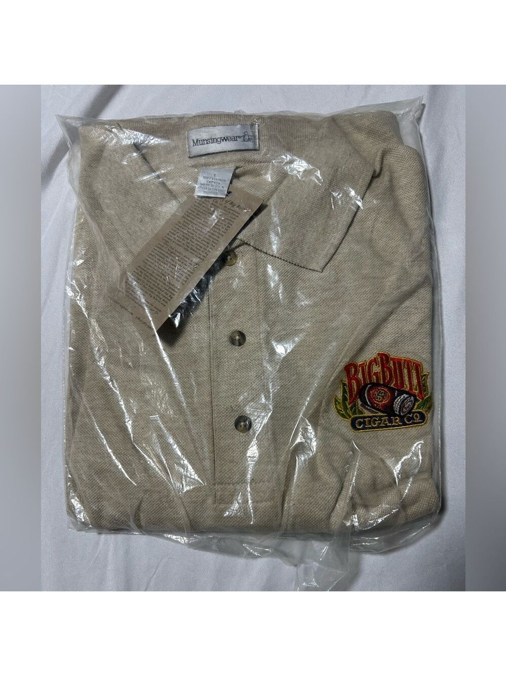 Big Butt Cigar Company Logo Munsinger Wear Beige Polo NEW Vtg  Sz Large Men 90s